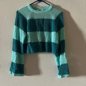 Zara Teal and Mint Striped Crew Neck Sweater